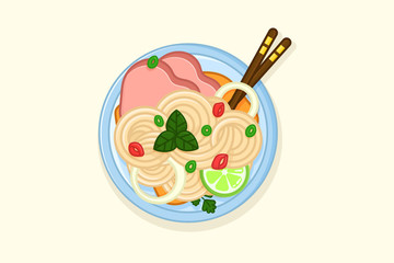 Pho bo soup in a bowl. Traditional spicy vietnamese meal with noodles and broth. Plate with lime and chopstick on beige background. Colourful vector illustration