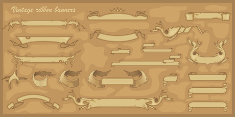 Set of vintage ribbon banners for your text. Old paper scroll. Ancient curved manuscript in sepia brown color. Vector