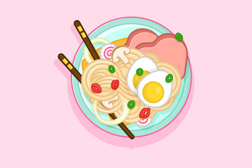 Miso soup in a bowl. Traditional tasty japanese meal with noodles and broth. Plate with mushrooms, eggs and meat on pink background. Colourful vector illustration