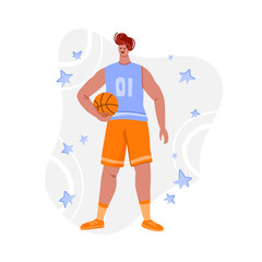 Basketball player with ball on playground, young muscular man in uniform playing match, guy jumping and holds sports ball, player train in basketball, flat people - isolated vector for poster, merch