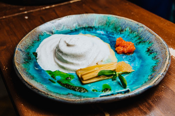 Sea buckthorn panna cotta three textures.