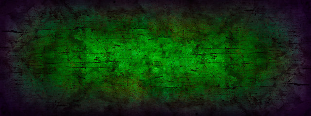 Green grunge background with violet frame. Abstract color art vintage background. Toned texture of old wood. Web banner. Wide. Panoramic. For design. Horror, fantasy, mystery, portal.