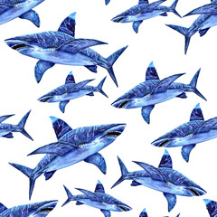Sea animals watercolor seamless pattern. the attacking great white shark