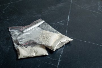 addiction: 3 dosage packs of narcotic substances, cocaine, heroin - obrazy, fototapety, plakaty