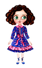 Watercolor doll in beautiful clothes.