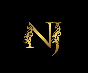 Initial letter N and J, NJ, Gold Logo Icon, classy gold letter monogram logo icon suitable for boutique,restaurant, wedding service, hotel or business identity.
