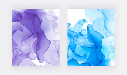 Alcohol ink texture. Abstract blue with purple hand painted background. Fluid art painting design. Trendy wallpaper.