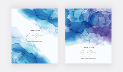 Blue alcohol ink cards. Abstract hand painted background. Fluid art painting design. Trendy template for banner, flyer, wedding invitation, product package