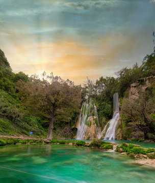 beautiful waterfalls,old mines (minas viejas ), san luis potosi mexico. sunset peace concept