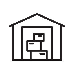 Warehouse icon. Line art logo of storage of things. Linear symbol of depot. Black simple illustration. Contour isolated vector image on white background. Building with roof and cardboard boxes inside