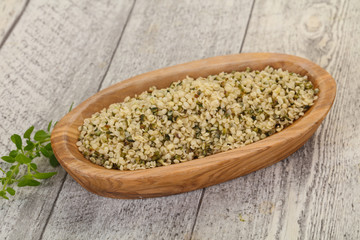 Peeled hemp seeds in the bowl