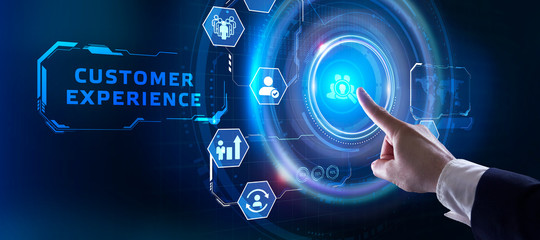 Business, Technology, Internet and network concept. Technology future. Young businessman, working on the smartphone of the future, clicks on the virtual display button: Customer Experience.