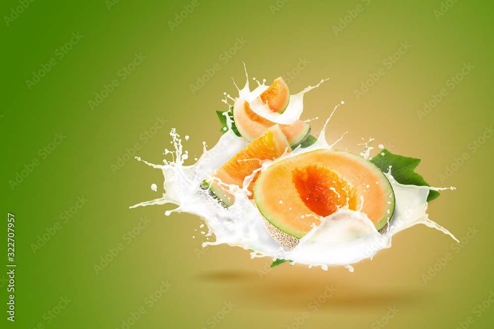 Sticker japanese melons and milk splashing isolated on green background. - Stickers