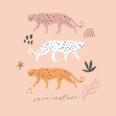 Modern cartoon flat leopards print. Tropical cats collage. Pop art style concept. Protect wild animals poster. Vector Illustration. Pastel colors clipart