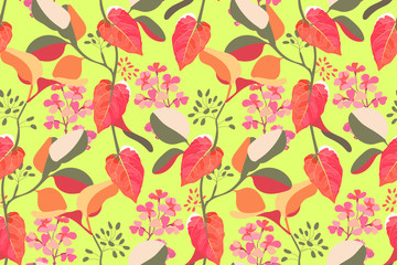 Art floral vector seamless pattern. Pink gillyflower, branches with colorful leaves isolated on neon green background. Tile pattern for wallpaper, fabric, textile, paper.