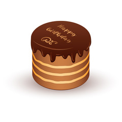 Isometric chocolate cake with the inscription Happy birthday. Happy birthday, holiday concept. Vector illustration. Greeting card design.