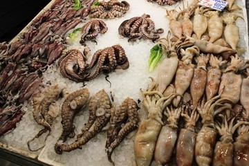 Stalls with seafood at fish market in Athens, Greece