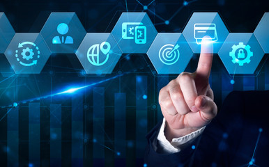 Concept of digital economy, e-payment, and online banking. Young businessman select the icon E- banking on the virtual display.