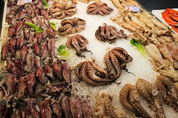 Stalls with seafood at fish market in Athens, Greece
