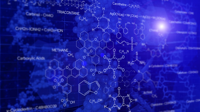 Concept of organic molecular chemistry. Beautiful blue background with formulas of molecules composed of atoms of different substances. Science and education.