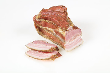 Smoked pork meat over white background