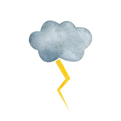 Dark watercolor cloud and lightning, isolated on white background. Hand-drawn illustration. Painted symbol of thunderbolt. Storm weather