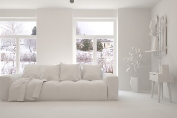 Fototapeta premium Mock up of stylish room in white color with sofa and winter landscape in window. Scandinavian interior design. 3D illustration