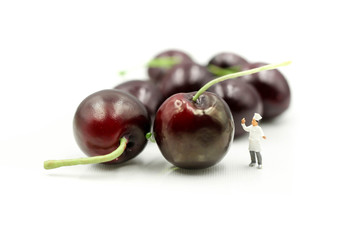Miniature people : chef with cherrys,cherry month concept.