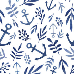 Watercolor seamless pattern with anchor and leaves in blue color. Bright background perfect for children's textile, wallpaper, prints, posters, wrapping. © Kate K.
