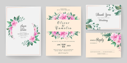 Fototapeta na wymiar Wedding invitation card template set with watercolor floral frame and border. Flowers decoration for save the date, greeting, rsvp, thank you, poster, cover, etc. Botanic illustration vector
