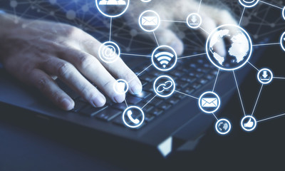 Hands typing keyboard. Social Media Marketing. Business. Internet. Technology