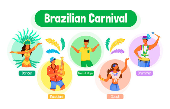 Brazilian carnival flat color vector informational infographic template. Dancer. Poster, booklet, PPT page concept design, cartoon characters. Musician. Advertising flyer, leaflet, info banner idea