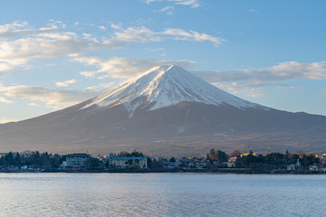 Close up view of Mount Fuji with Lake Kawaguchiko in Japan