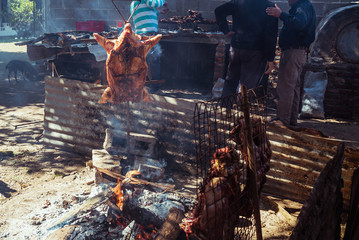 Traditional suckling pig cooked on the charcoal grill. The little pig is roasted whole on an open...