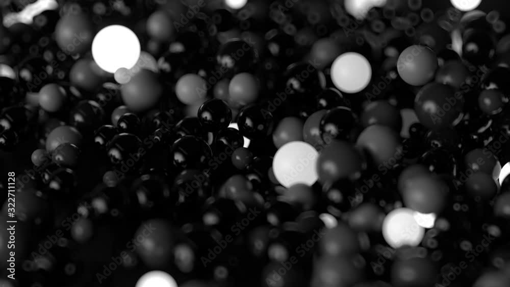 Poster reflective and bright glow spheres drop and mix with each other. 3d abstract render. monochrome. dyn