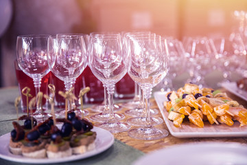 Catering service. Table setting, glass goblets, cutlery