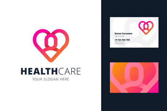 Health care logo and business card template. Heart and man shapes in origami, line style. Logotype for a clinic, medical center, health caring