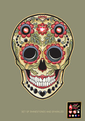Embroidered patch with a floral patterned human skull for tradition mexican Day of the Dead and a set of rhinestones and sparkles. Vector illustration.