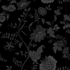 Seamless pattern with stylized ornamental flowers in retro, vintage style. Jacobin embroidery. Colored vector illustration in minimalistic black color.