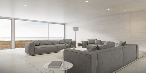 Perspective of modern living room with marble wall and grey sofa on sea view background. Minimal style. 3D rendering.