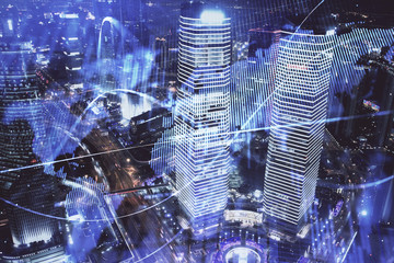 Financial chart on city scape with tall buildings background multi exposure. Analysis concept.