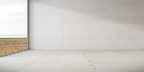Mock-up of marble empty room and tiles floor with sun light cast the shadow on the wall,Perspective of minimal interior design on sea background. 3D rendering.