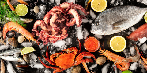 Fish and seafood variety, a flat lay top shot. Sea bream, shrimps, crab, sardines, octopus on ice with lemons and caviar