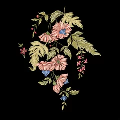 Meubelstickers Fantasy flowers in retro, vintage, jacobean embroidery style. Embroidery imitation isolated on black background. Vector illustration. © Elen  Lane