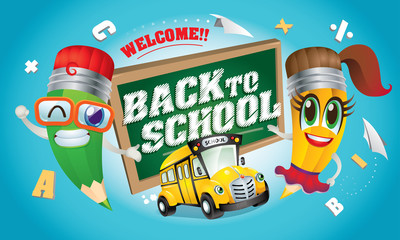 Back to school's vector. With cute cartoon characters. Education related elements background.