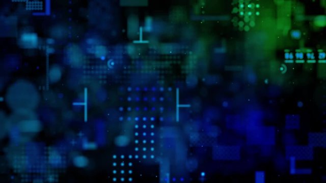 3D Rendering Abstract background flying pass through block and pixel element for cyber futuristic and technology concept with dark and grain processe