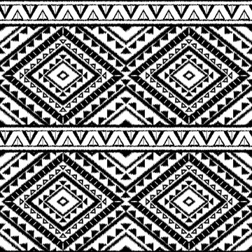 Peru ikat tribal pattern vector seamless. Traditional ethnic embroidery art print. White and black border textile texture. Indonesian background for boho rug, fabric, blanket and backdrop.