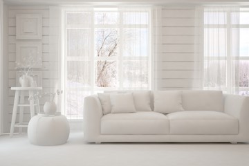 Mock up of stylish room in white color with sofa and winter landscape in window. Scandinavian interior design. 3D illustration