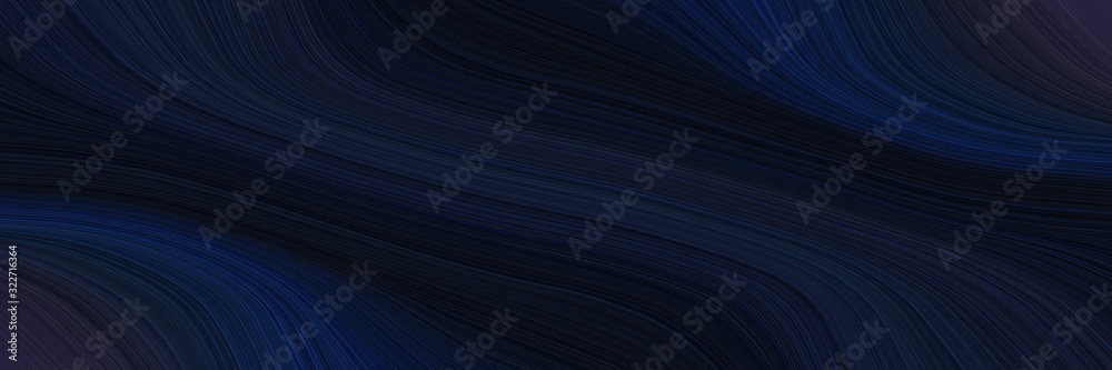 Poster colorful designed horizontal header with very dark blue, midnight blue and black colors. fluid curved lines with dynamic flowing waves and curves