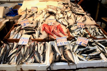 Stall with sea breams at fish market in Athens, Greece